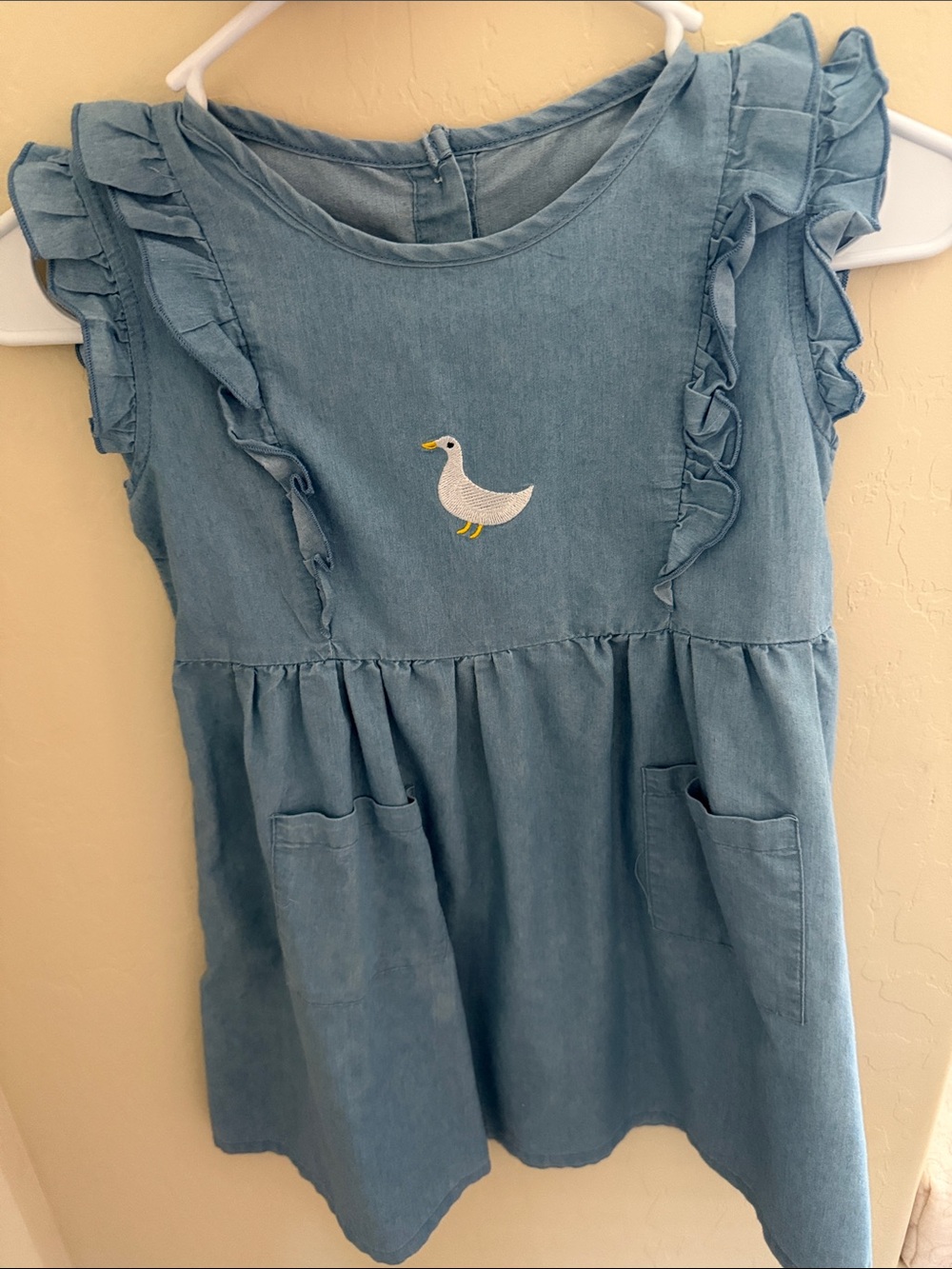 Light Denim Blue Ruffle Sleeve Dress with Embroidered Duck